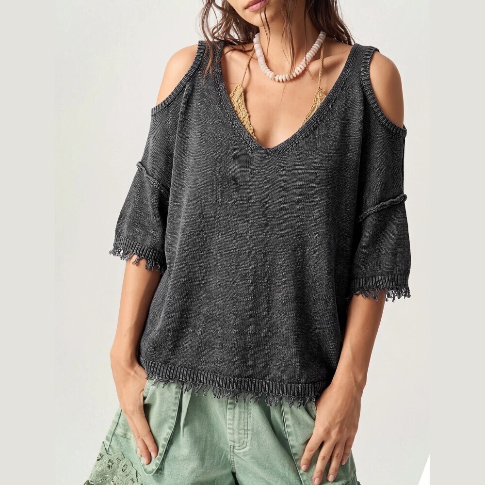 Charcoal Gray Cold Shoulder Cutout Fringe Hem Oversized Knit V Neck Sweater